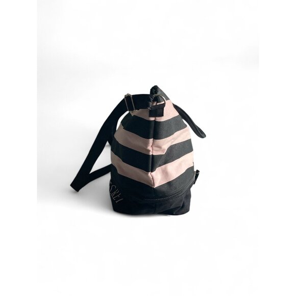 Victorias Secret Black & Pink Striped Canvas Overnight Bag Expandable - Picture 2 of 6